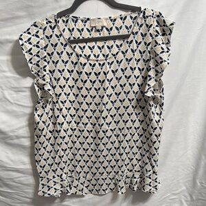 LOFT Navy and Cream Patterned Blouse